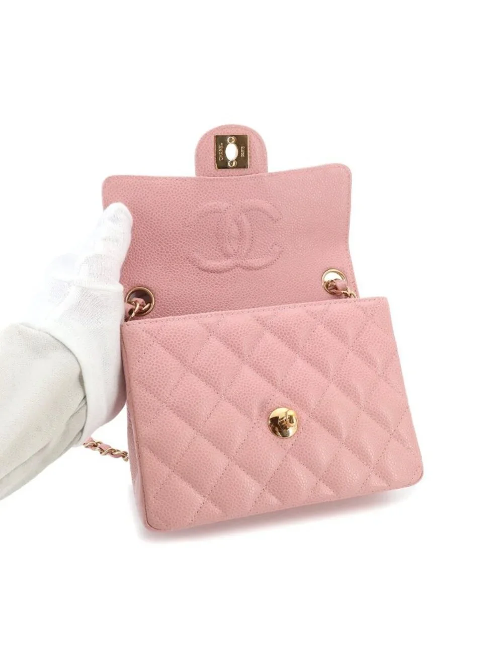 Chanel Mini Quilted Chain Shoulder Bag Caviar Leather Pink Gold